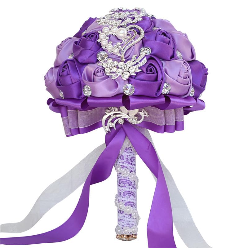 Flonding Wedding Bouquets Crystal Satin Rose Bride Bridal Bouquet Romantic Bridesmaid Holding Flower for Valentine's Day Confession Party Church Decor (Purple Lavender) - Image 4